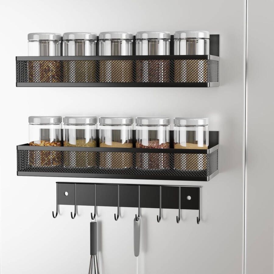 Magnetisch kruidenrek 3 stuks koelkastplanken magnetische planken verplaatsbaar met 8 haken voor keukenorganisatie en opslag niet boren zwart