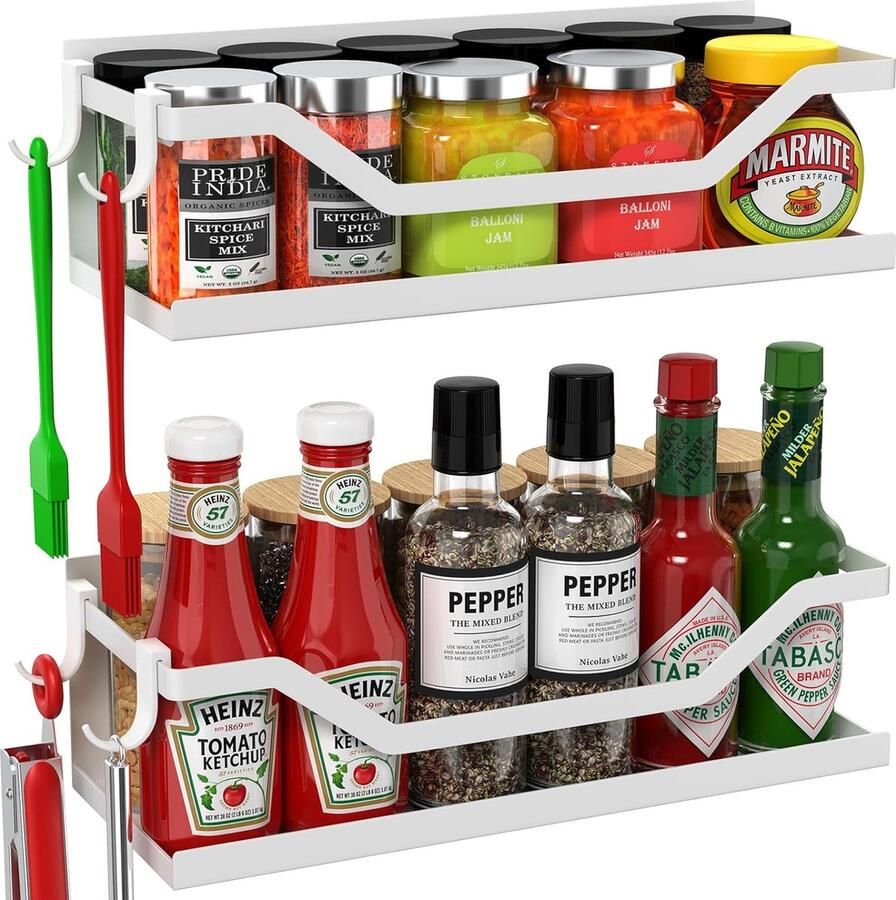 Magnetisch kruidenrek verplaatsbaar kruidenrek magnetische plank koelkast kruidenrek zonder boren met 4 haken wit magnetisch kruidenrek voor koelkast kruidenrek 30 cm 2 stuks