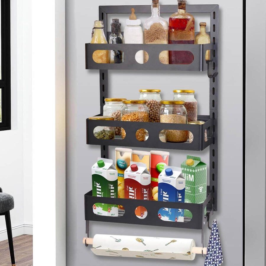 Magnetisch kruidenrek voor koelkast 3-laags magnetische plank koelkast met 4 haken keukenorganizer en papieren handdoekhouder hangend zwart metalen kruidenrek zonder boren