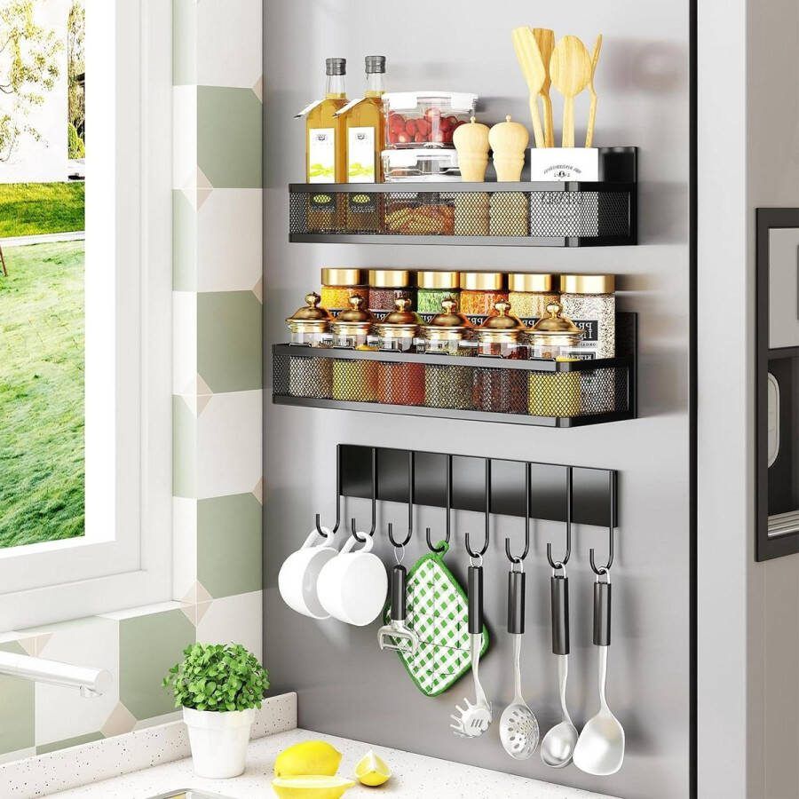 Magnetisch kruidenrek voor koelkast opslag en organisatie in de keuken 3 stuks magnetische plank ruimtebesparend met 8 haken metaal