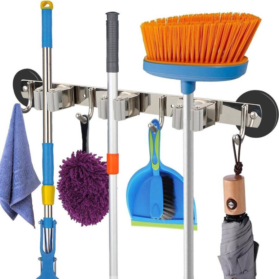 Magnetische bezemhouder antislip heavy duty bezem en dweilhanger metalen gereedschapshouder 3 rekken 4 haken wasgoed garage keuken werkplaatsen organisatie opslag (1 set)