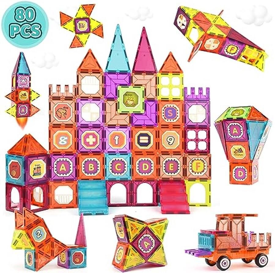 Magnetische blokken voor kinderen 80 stuks 3D magnetisch bouwspeelgoed voor kinderen stem creativiteit pedagogisch speelgoed cadeaus voor meer dan 3 jaar (80 stuks)