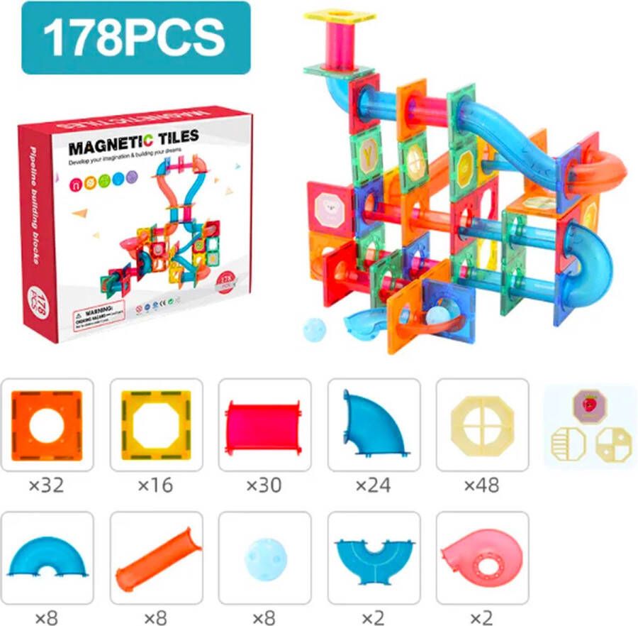 Playos Magnetische Bouwstenen XXL- 178 delig Knikkerbaan Constructiespeelgoed Magnetic Tiles Montessori Speelgoed Magnetische Bouwblokken Constructie Speelgoed Leerzame Bouwblokken Magnetic Toys Magnetische Tegels STEM Speelgoed