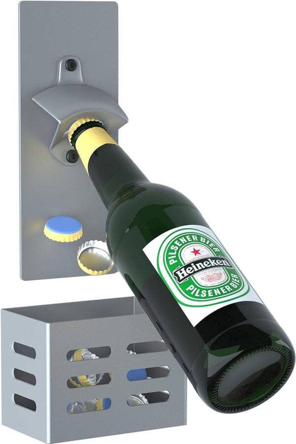 Magnetische flesopener met opvangbak wandmontage koolstofstaal bierflesopener voor keuken koelkast biergeschenken voor mannen (grijs)
