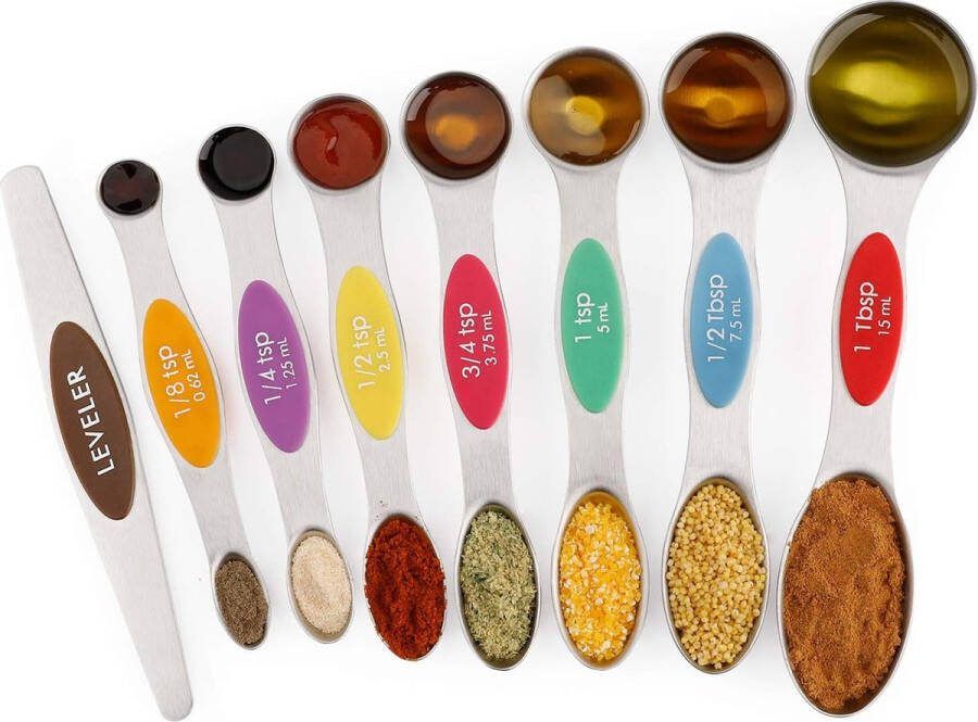 Magnetische maatlepels roestvrij staal 7 stuks metalen theelepels en eetlepels maatlepels voor droge en vloeibare ingrediënten multi van 8
