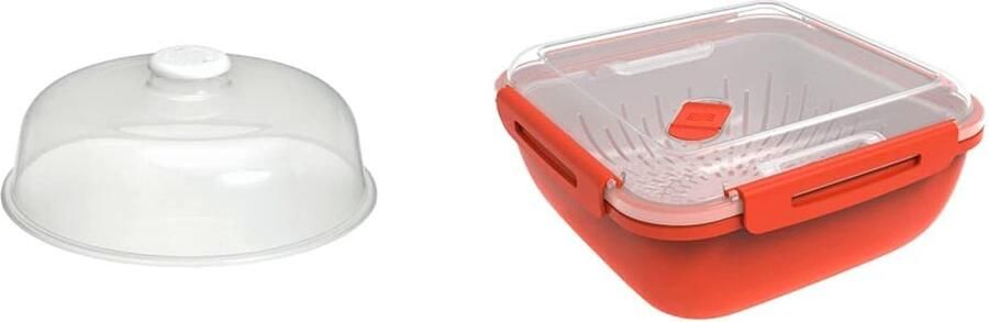 Magnetron-afdekhoes met ontluchtingsventiel & Rotho Memory Microwave stoompan met zeef voor magnetron kunststof (PP) BPA-vrij rood transparant 1 7 l (19 5 x 19 5 x 9 1 cm)