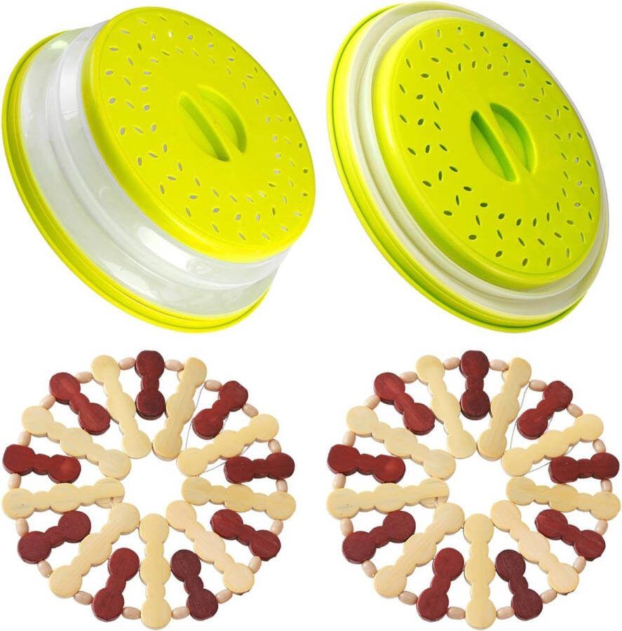 Magnetronafdekking 2 stuks afdekhoezen voor de magnetron opvouwbare magnetronhoes met 2 placemats van hout filtermand met stoomgaten voor groenten en fruit BPA-vrij