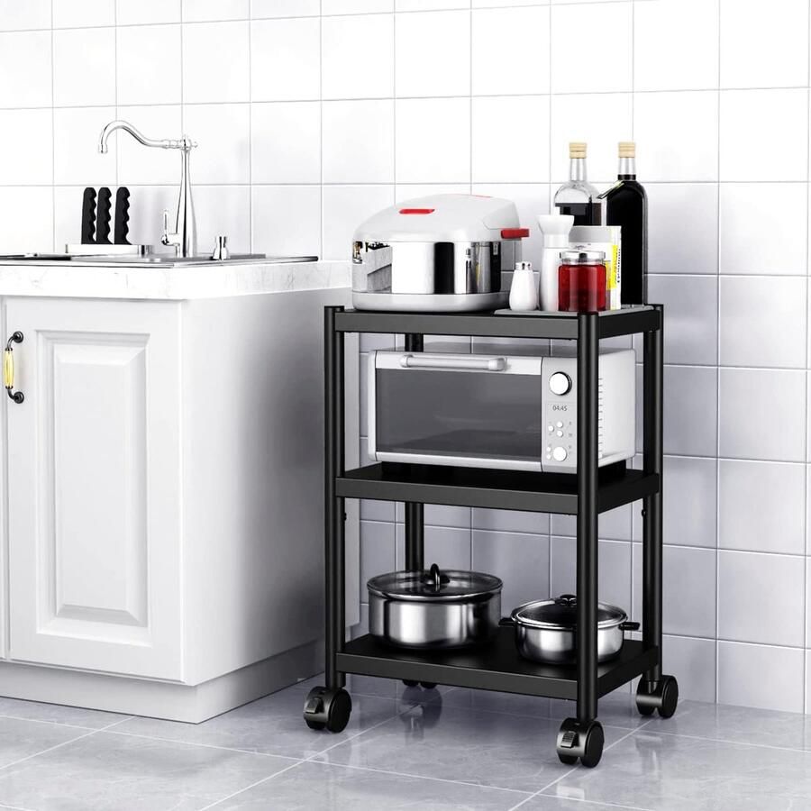 Magnetronrek bakkersrek met 3 niveaus multifunctioneel rek keukenrek staand op wielen roestvrij staal magnetronstandaard verstelbaar en beweegbaar