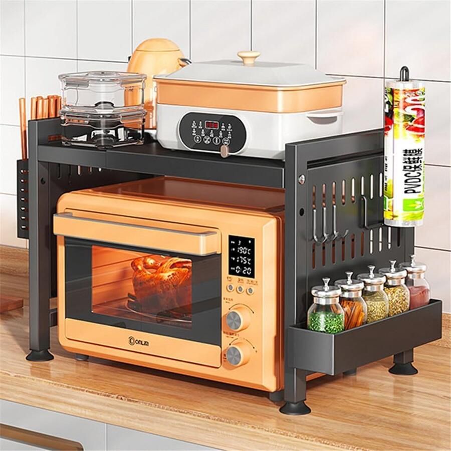 Magnetronstandaard met 2 niveaus uitbreidbare magnetron mini-ovenhouder met 6 haken magnetronstandaard met kruidenrek voor werkblad bakkersrek uittrekbaar 40 5-64 cm