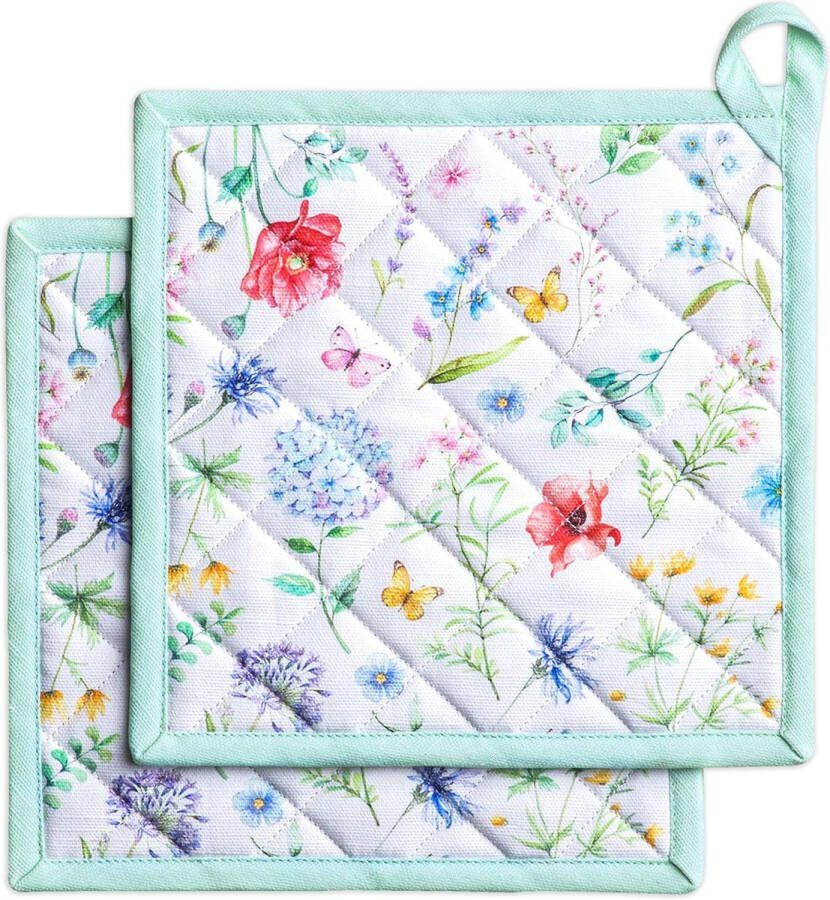 Pannenlappen 100% katoen hittebestendig set van 2 hotpads met strik als moederdagcadeau grillen omgaan met hete pannen Just Floral lente zomer (20 cm x 20 cm)