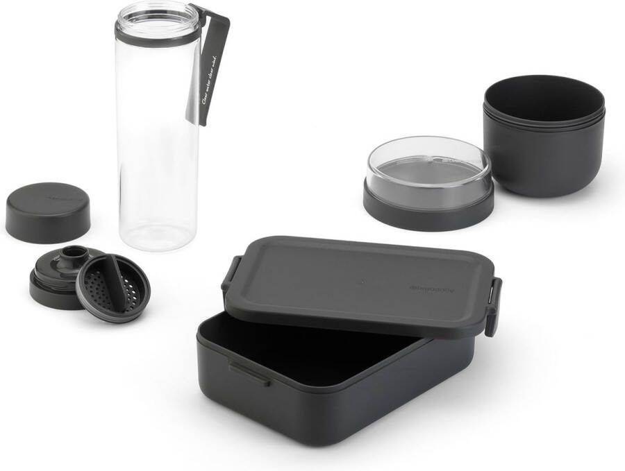 Make & Take Ontbijt & Lunch Set van 3: Waterfles 0.5L Yoghurtbeker 0.5L & Lunchbox Medium Ruimte voor 2 Boterhammen Lekvrij Vaatwasmachinebestendig Dark Grey