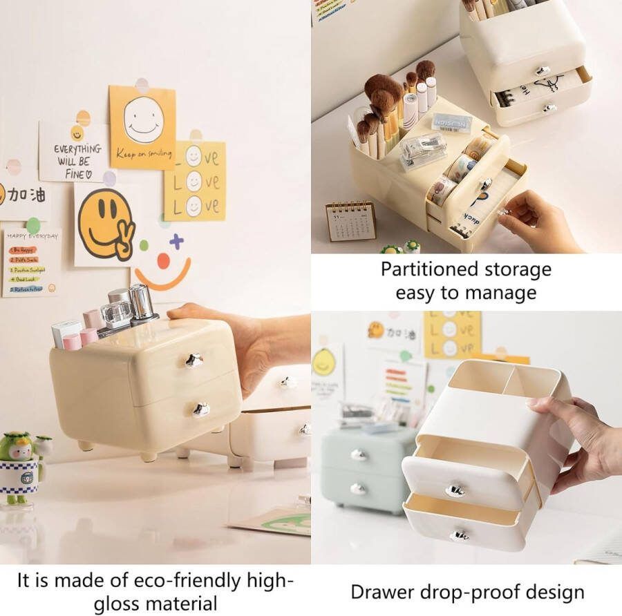 Make-up cosmetische organisator 2 compartimenten Make-up borstel organisator Cosmetische organisator met 2 laden borstelhouder stofdichte cosmetische opslag voor eyeliners lippenstift make-upborstel (groen)