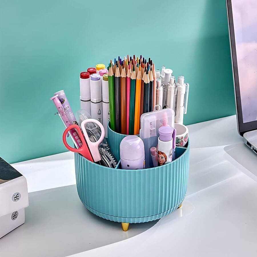 Make-up cosmetische organizer 360° draaibare make-upborstelhouder met 5 vakken kaptafelorganizer met grote capaciteit huidverzorgingsorganizer voor kaptafel badkamer slaapkamer blauw
