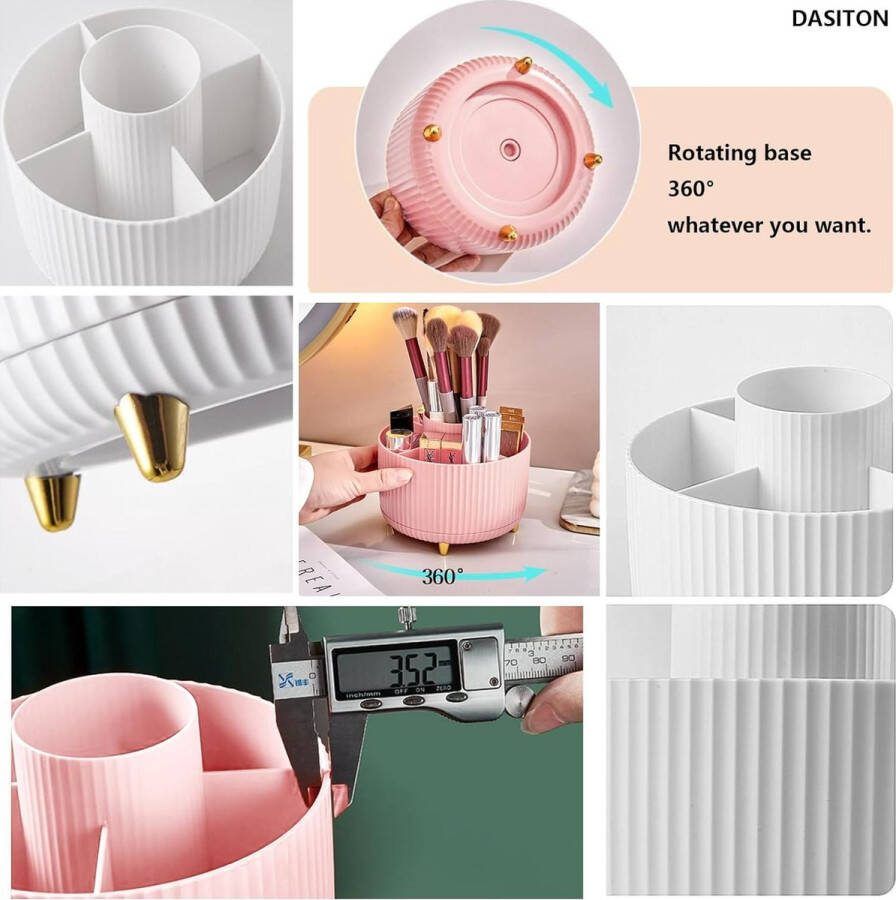 Make-up cosmetische organizer met 5 compartimenten 360° roterende borstelorganizer kaptafelorganizer met grote capaciteit borstelhouder huidverzorgingsorganizer voor badkamer slaapkamer (roze)