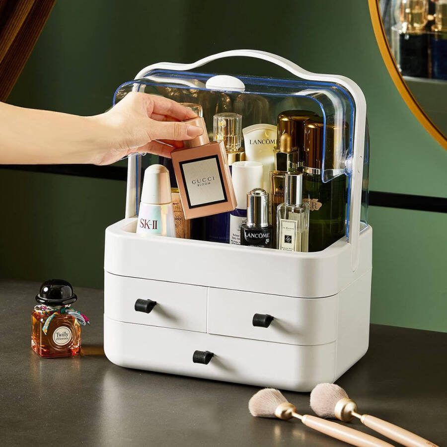 Make-up Cosmetische Organizer Opberglade Stofdichte Beauty Organizer Opbergdoos met Deksel Draaggreep 180° Draaibaar Make-up Cosmetische Box voor Dressoir Badkamer Slaapkamer Zwart
