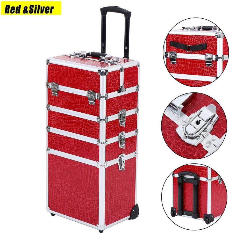 Make Up Koffer Make up Trolley 4 in 1 Trolley Aluminium 24x36x97 cm Rood