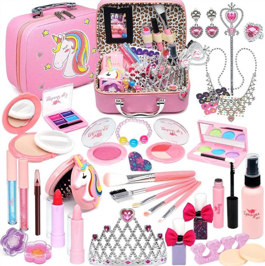 Dailysupplies Make up koffer meisjes- Kinder speelkoffer- Make-upset voor kinderen- Make-upgeschenkset-Roze met eenhoorn-Nagellak- 59delige-Lippenstift-Wenkbrauwborstel