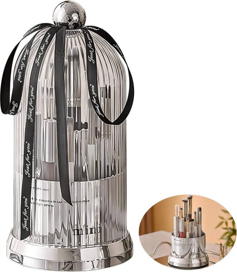 Make-up kwasten organizer 360° draaibare cosmetica organizer met deksel kwastenhouder cosmetica make-up kwasten opberger met 7 vakken cosmetica opberger voor kaptafel badkamer (zilver)