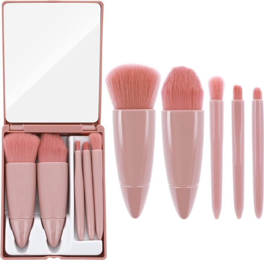 Make-up Kwasten Set 5 Stuks Mini Complete Functie Cosmetische Kwasten Kit met Spiegel voor Lip Brush Foundation Blending Poeder Kwast Mini Facial Cosmetische Make-up Borstel Set