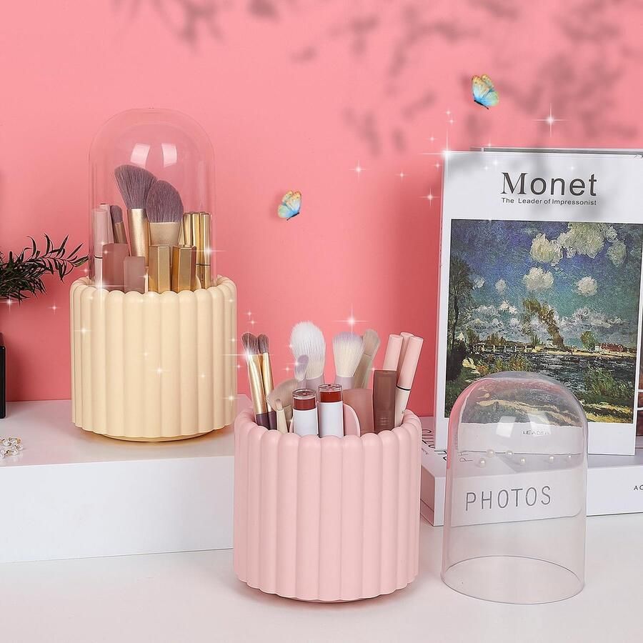 Make-up kwastenorganizer 360 graden draaibare ronde make-upkwastenhouder met deksel opbergdoos voor kwasten voor make-uptafel en badkamer geel