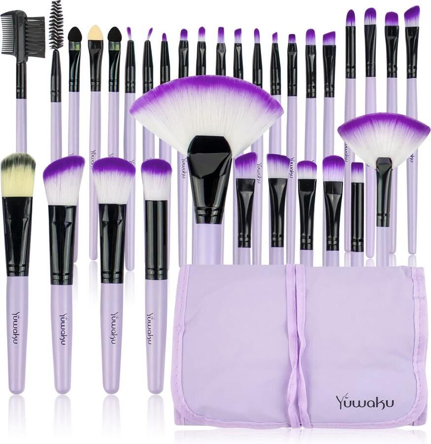 Make-up kwastenset 32-delig lila make-upkwast cosmeticakwast oogschaduw gezichtskwast eyeliner met nylon tas (paars)