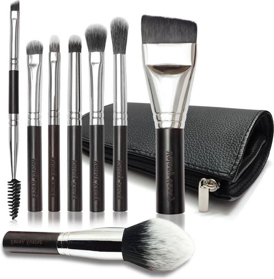 Make-up kwastenset met etui voor foundation poeder concealers oogschaduw 8 stuks mini-make-upborstels beste geschenkset zwart