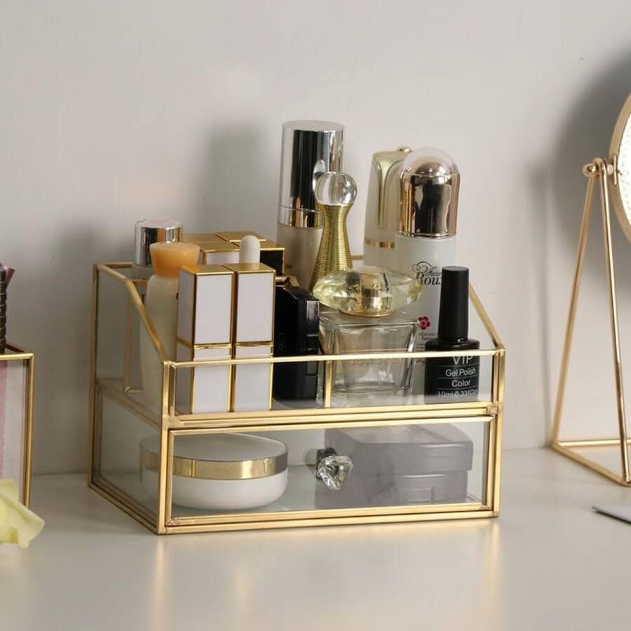 Make-up organisator Gouden cosmetische organisator Desktop Organizer Glazen parfum Sieraden Cosmetische doos