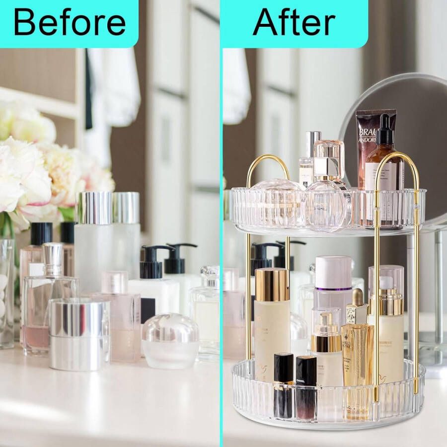 Make-up Organiser 2 Lagen 360° Draaibare Cosmetische Kaptafel Organiser Huidverzorging Parfum Organiser Transparant Grote Capaciteit voor Parfums en Make-up Huidverzorging