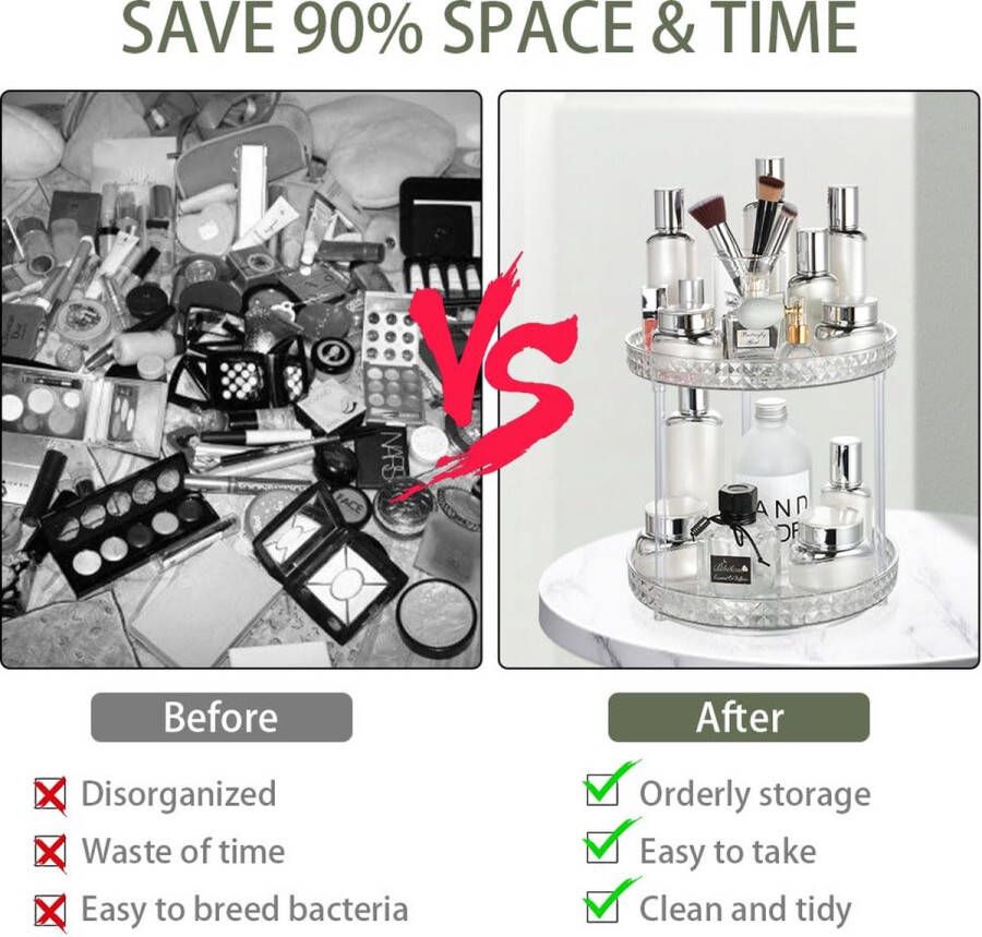 Make-up organizer 2 lagen 360° draaibare cosmetische organizer multifunctionele make-up organizer met grote capaciteit cosmetische organizer voor kaptafel badkamer slaapkamer (transparant)