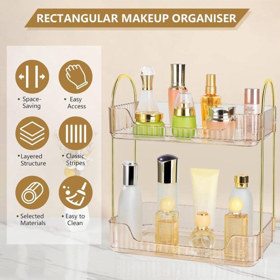 Make-up organizer 2 lagen rechthoekige cosmetica-organizer make-uptafel organizer badkamerorganizer parfum-organizer multifunctionele cosmetica-opslag (barsteen)