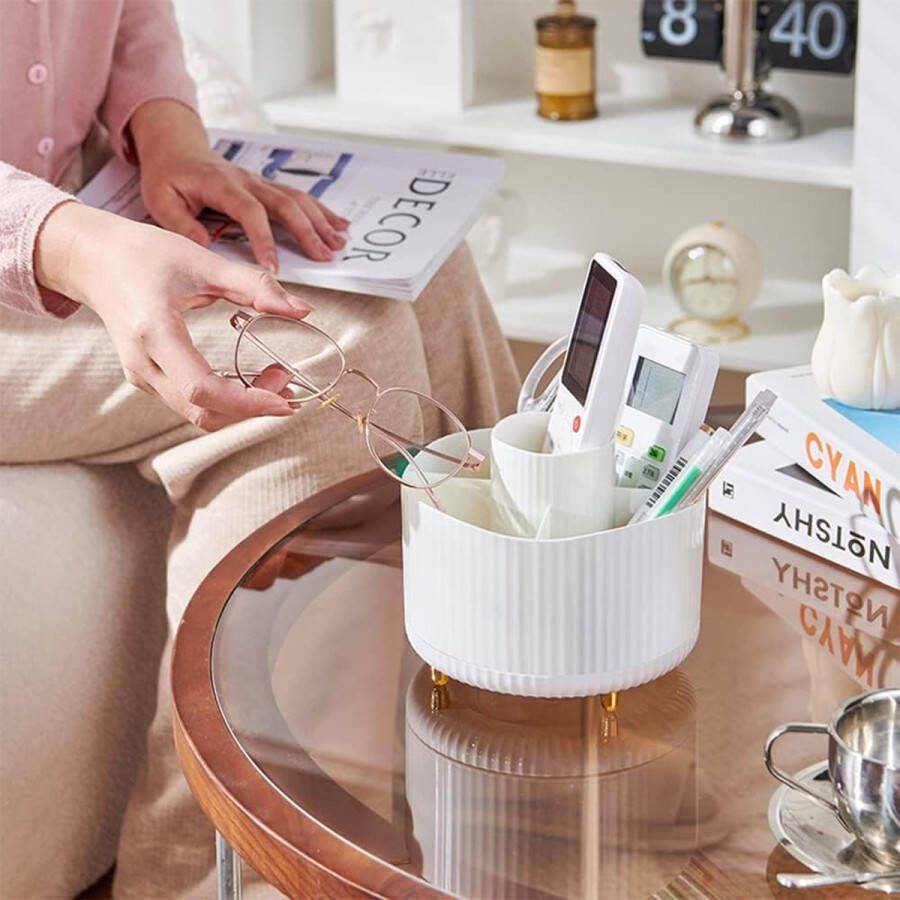 Make-up Organizer 360° Draaibare Make-up Borstelhouder met 5 Compartimenten voor Cosmetica Parfum Kaptafel Slaapkamer Badkamer Kantoorbenodigdheden Opslag (Wit)