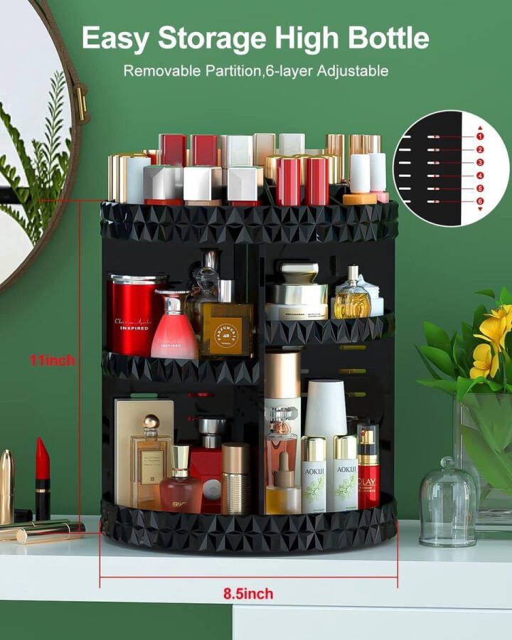 Make-up-organizer 360 graden draaibaar acryl cosmetica-organizer beauty-organizer met 6 lagen verstelbaar dienblad parfumopslag voor commode kaptafel badkamer zwart