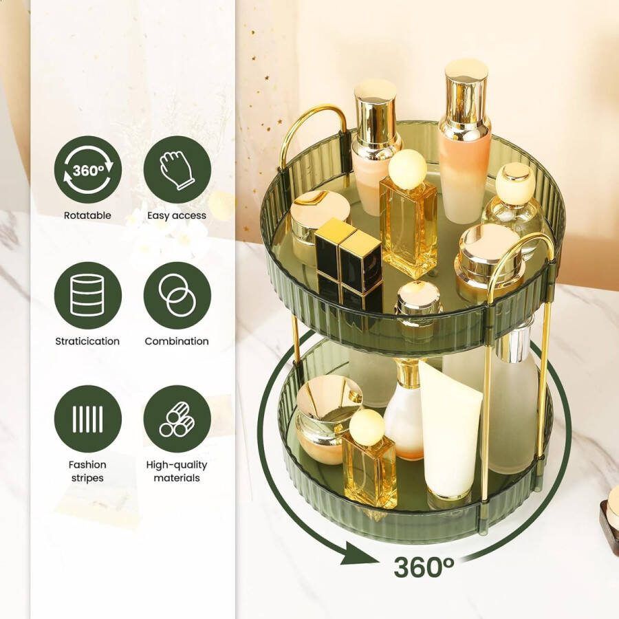 Make-up organizer 360 graden draaibaar cosmetica-organizer grote capaciteit multifunctionele cosmetica-opslag voor make-uptafel badkamer slaapkamer 2 lagen groen