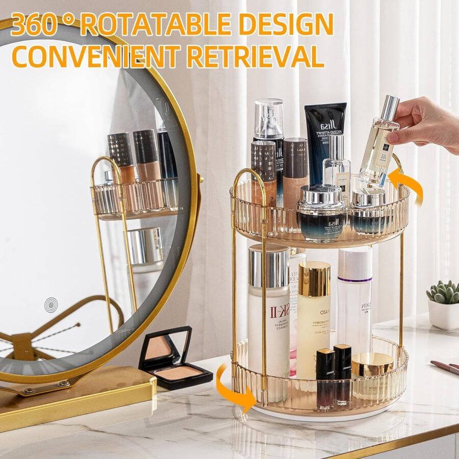 Make-up organizer 360° roterende cosmetische organizer parfum organizer huidverzorging organizer voor badkamer (2 lagen amber)