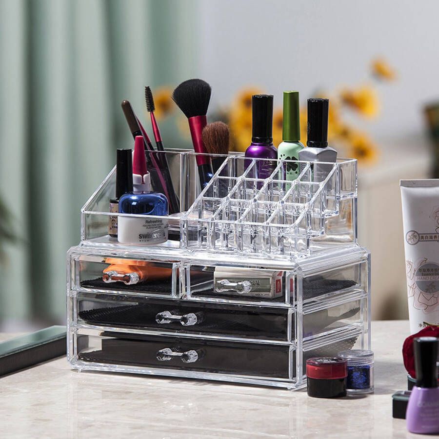 Make Up Organizer-Cosmetica opbergdoos Beauty Organizer -4lades en 16 vakken -Transparant 24 x 15 x 18 5 cm