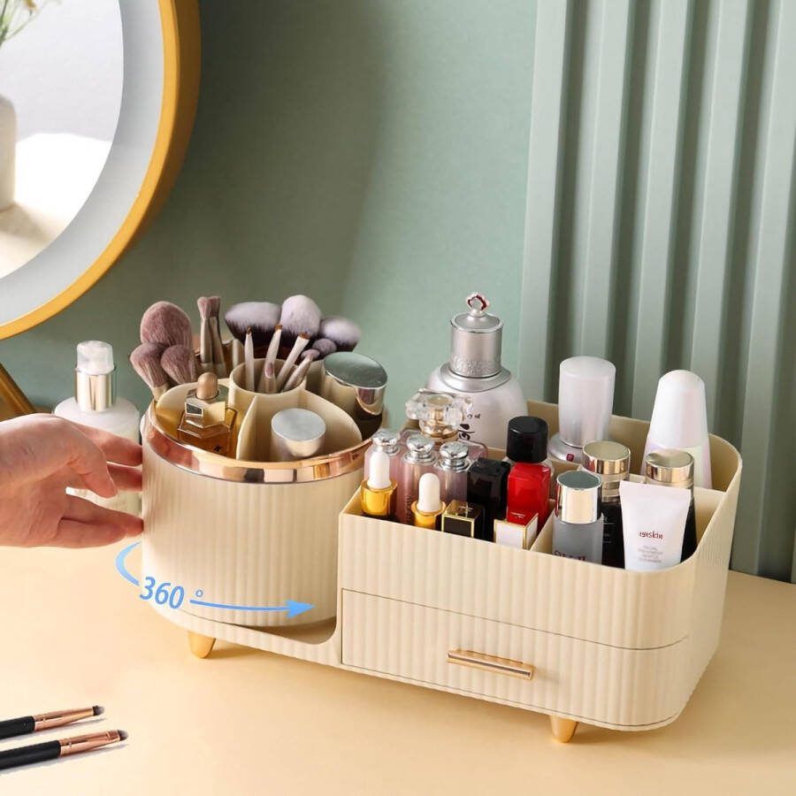 Make-up organizer cosmetica-organizer doos met laden grote capaciteit kaptafelorganizer badkamer 360° draaibare make-upborstelorganizer voor lippenstift skincare organizer (beige)