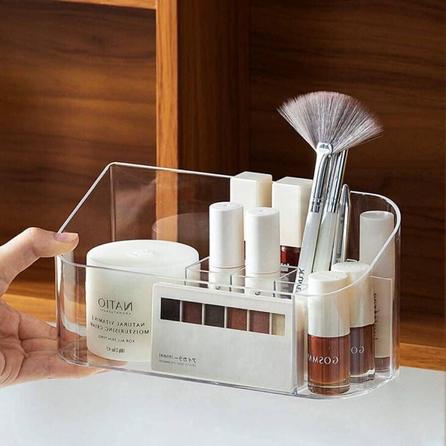 Make-up Organizer Cosmetische Organizer met 9 Compartimenten 2 Verwijderbare Dividers Badkamerkast Cosmetische Opberghouder Opbergdoos voor Beauty Essentials Crystal Clear