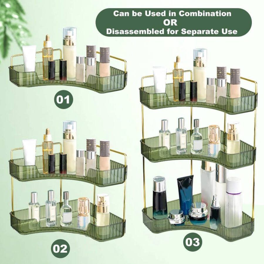 Make-up organizer draaibare cosmetica-organizer skincare organizer groen cosmetica-opberghouder parfumorganizer drielaagse make-uptafel organizer voor commode slaapkamer