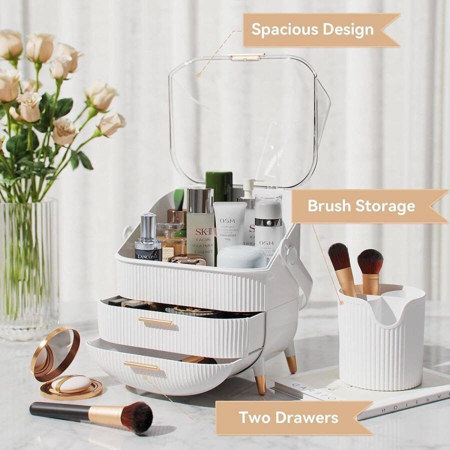 Make-up organizer en opslag draagbare waterdichte stofdichte organizer met deksel cosmetische vitrine huidverzorging opbergers voor kaptafel badkamer B-wit