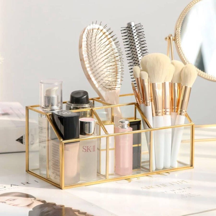 Make-up-organizer goud cosmetica-organizer voor make-up kwastenhouder van glas 5 vakken vintage cosmetica-organizer beauty-organizer