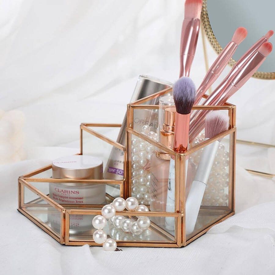 Make-up organizer Gouden cosmetische organizer Make-upborstelhouder Beauty Organizer Tray Glazen cosmetische doos Make-upopslag