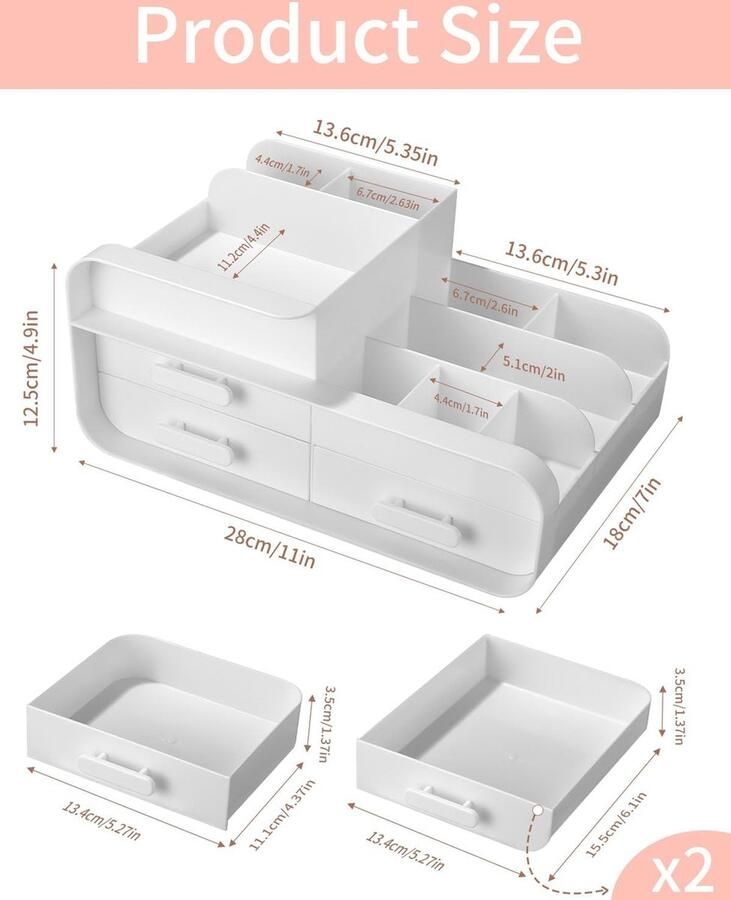 Make-up organizer indeling van de laden in vakken make-uptafel-organizer met drie laden cosmetica-organizer make-up voor make-uptafel slaapkamer en badkamer wit