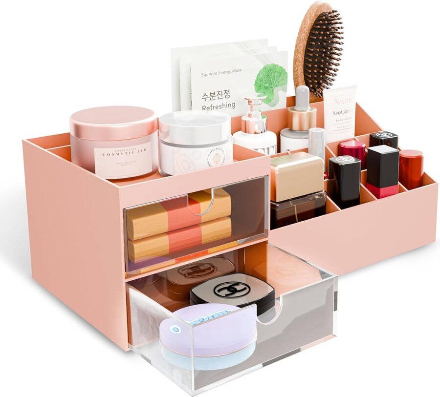 Make-up organizer make-uptafel organizer box voor het opbergen van cosmetica make-up skincare parfum kwasten lippenstift sieraden en schrijfgerei met laden en rubberen noppen (roze)