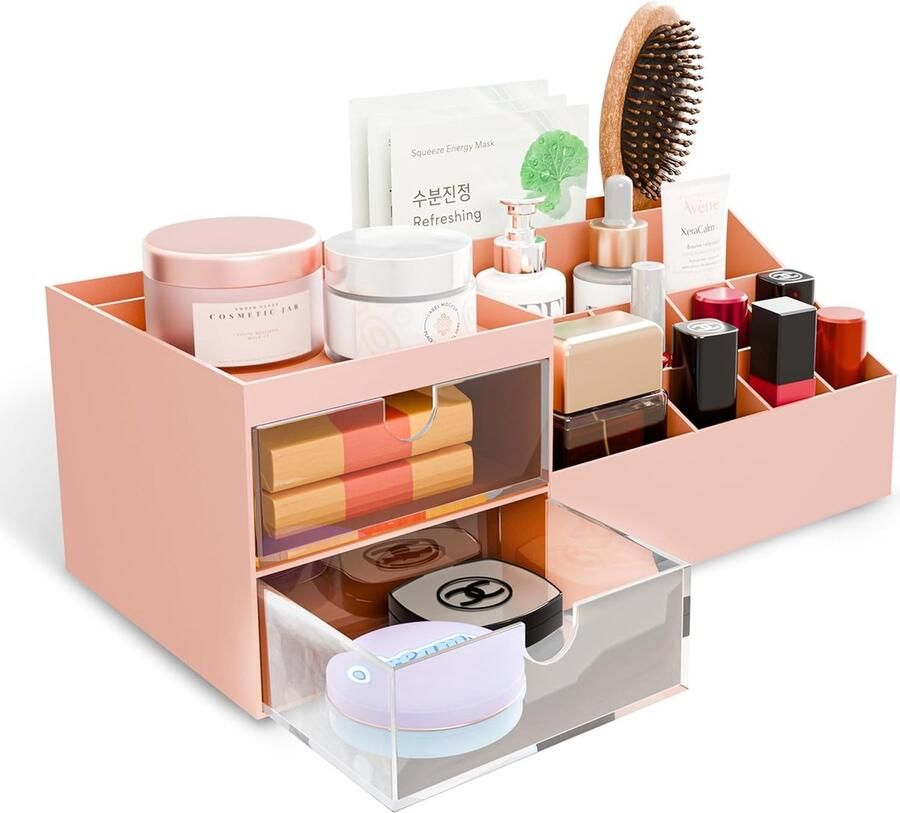 Make-up organizer make-uptafel organizer box voor het opbergen van cosmetica make-up skincare parfum kwasten lippenstift sieraden en schrijfgerei met laden en rubberen noppen (wit)