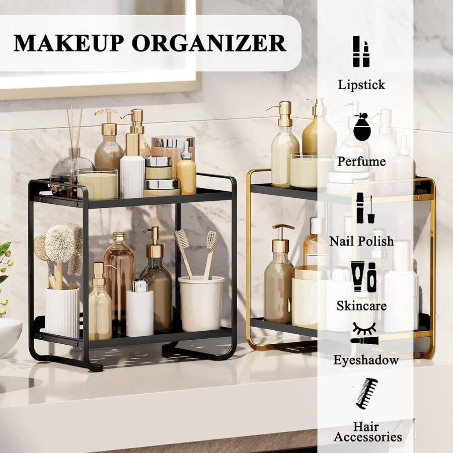 Make-up organizer met 2 verdiepingen Cosmetica opbergmand voor parfums en huidverzorging Badkamerorganizer voor commode en slaapkamer Zwart make up tafel