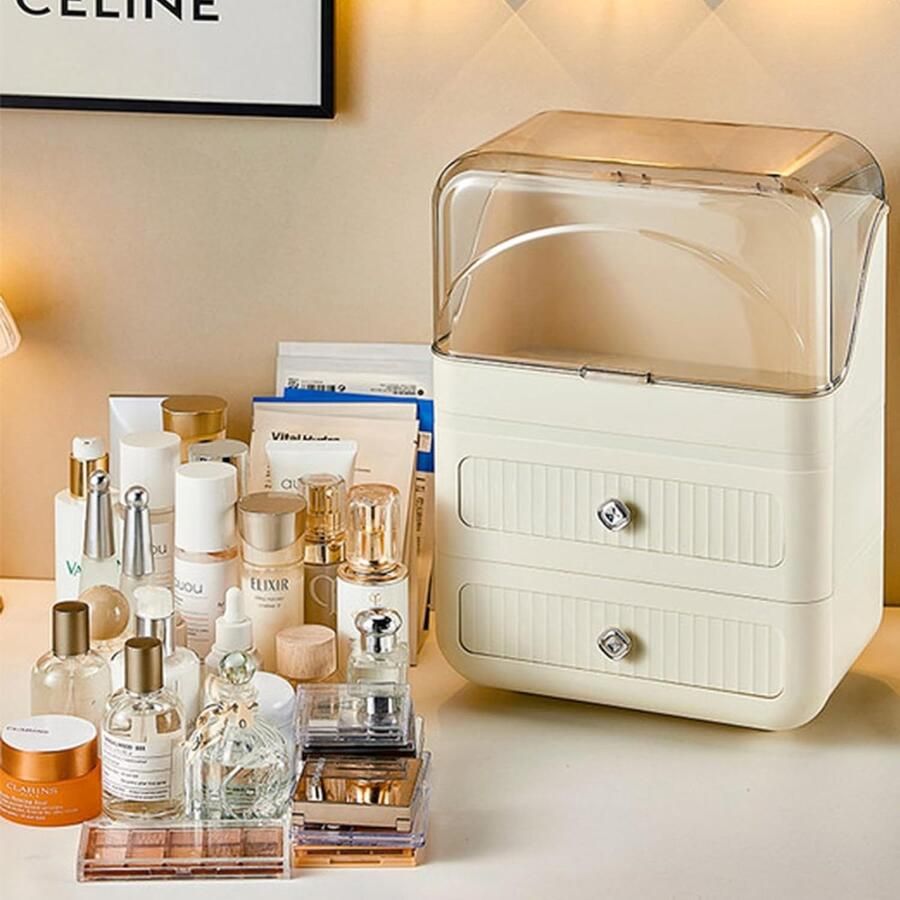 Make-up organizer met deksel en 2 laden stofdicht grote capaciteit beauty-organizer voor kaptafel badkamer slaapkamer