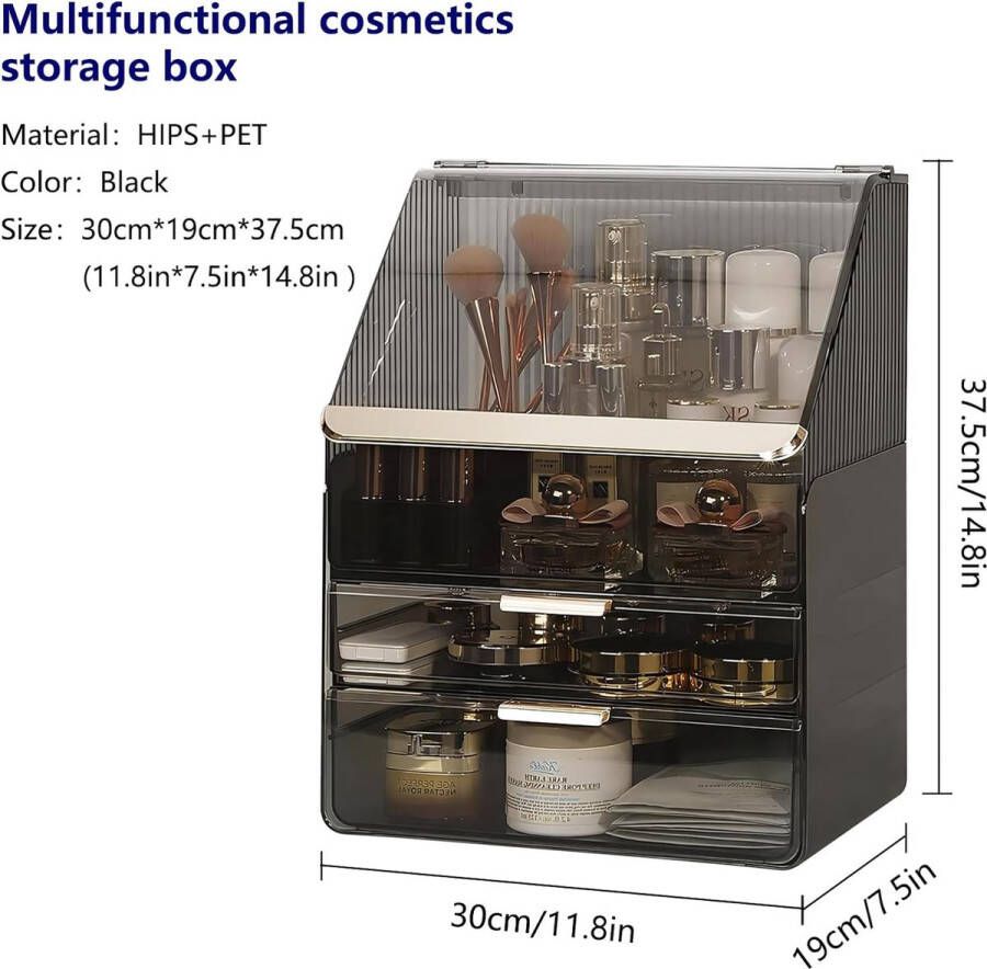 Make-up organizer met laden stofdichte tweelaagse cosmetische opberger met deksel grote cosmetische kaptafel organizer huidverzorging organizer cosmetische organizer voor slaapkamer badkamer (grijs)
