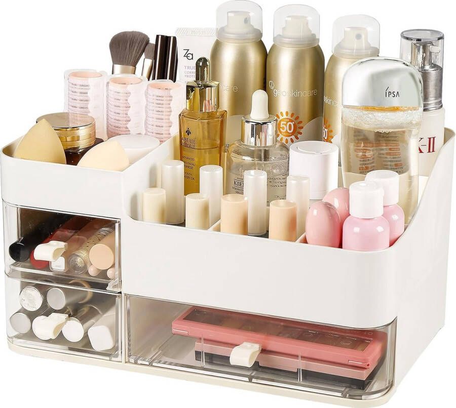 Make-up Organizer met Lades Cosmetica Organizer met 8 Compartimenten en 3 Lades voor Lippenstift Kwasten Lotions Grote Dressoir Organizer Doos voor Slaapkamer Badkamer (Wit)