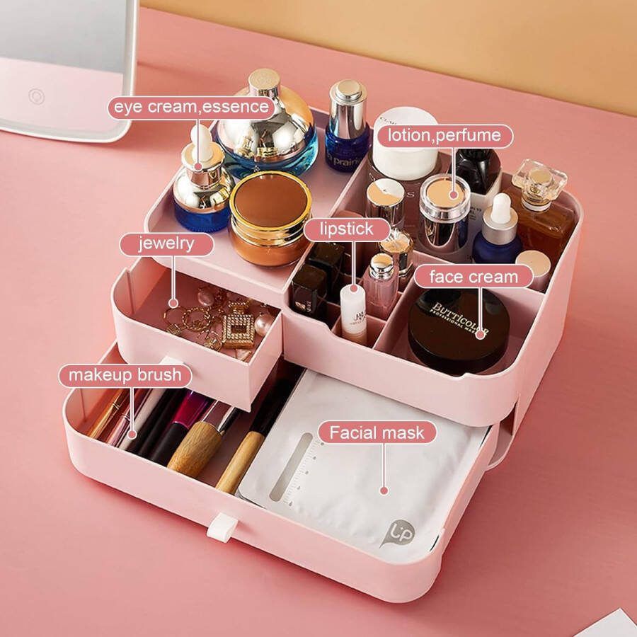 Make-up organizer met schuifladen cosmetica opbergdoos met 2 laden en 9 vakken roze opbergplek voor make-up sieraden schrijfwaren bureau make-uptafel thuis kantoor