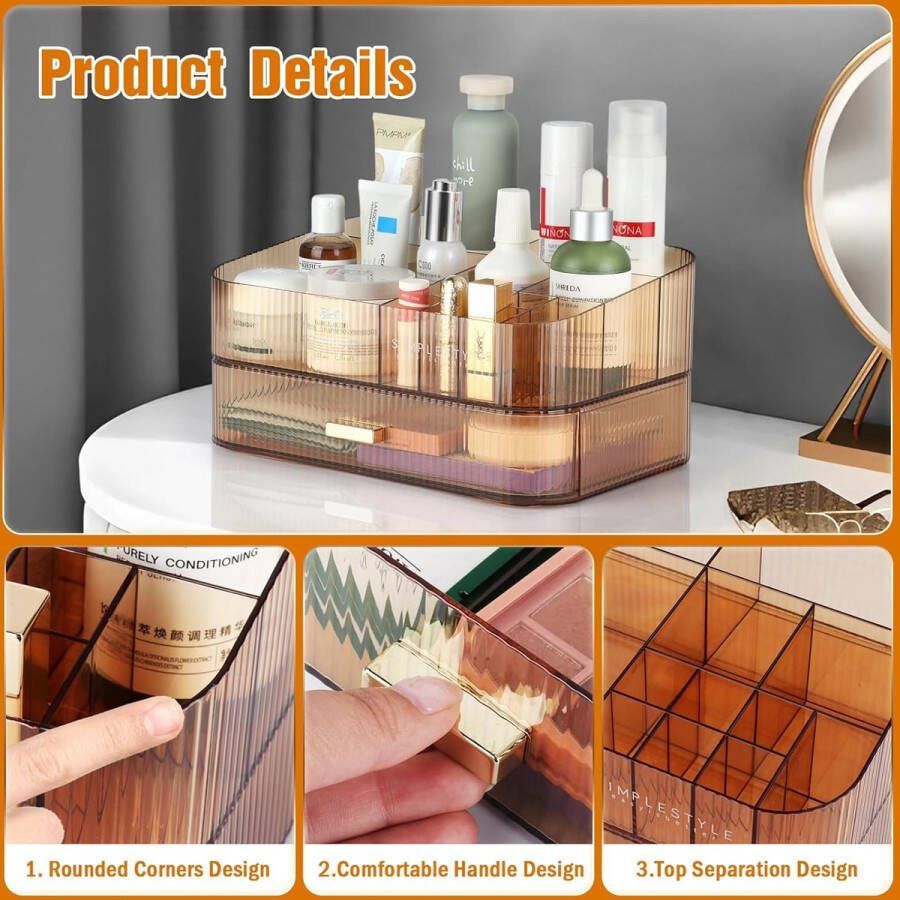 Make-up Organizer met stapelbare laden cosmetische organizer gemaakt van acryl met 12 vakken Kaptafel Organizer voor sieraden penselen lippenstiften crèmes Amber (30x20x14cm)